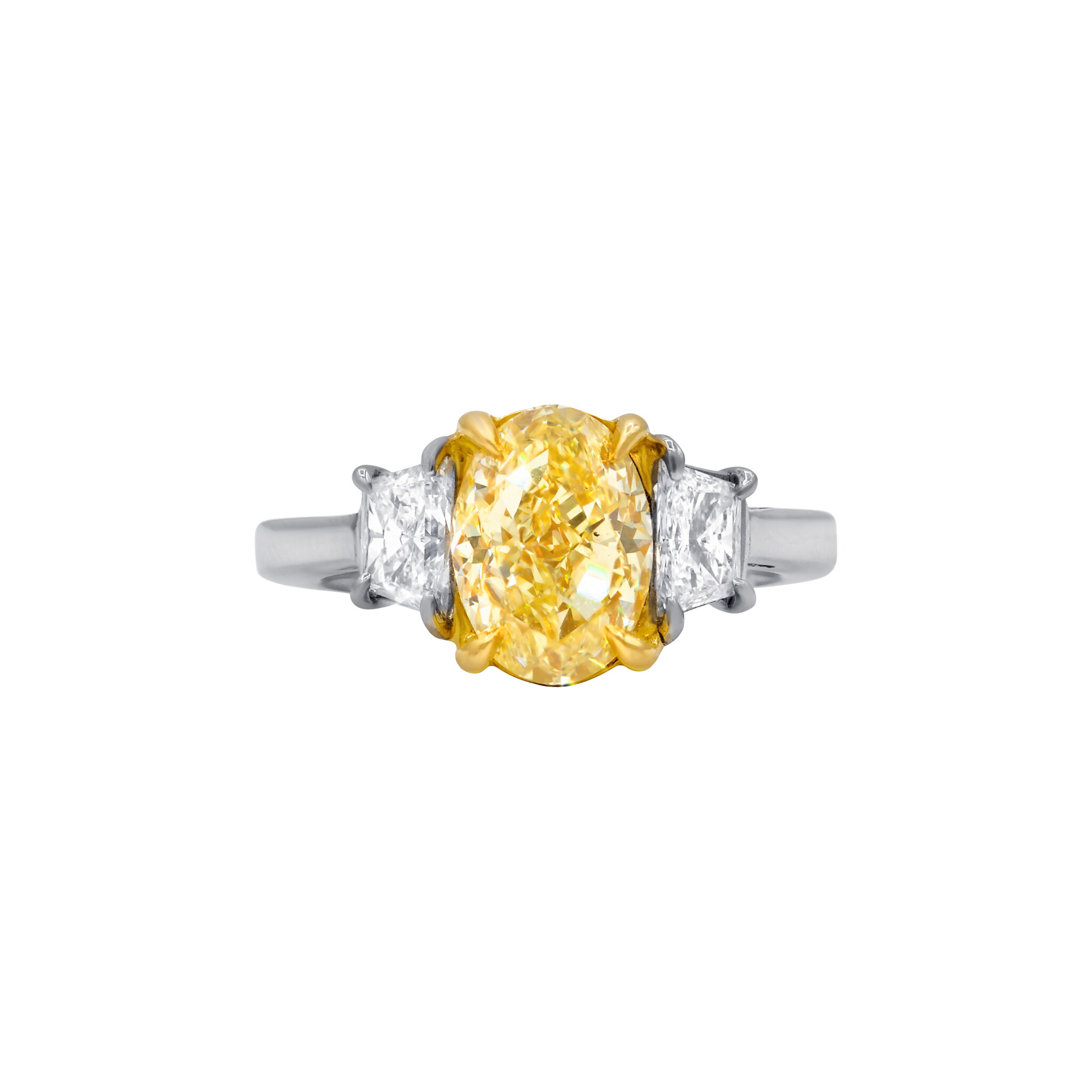 Platinum, Gold, 2.58ct Oval Cut Fancy Yellow Diamond and Diamond Engagement Ring — view 1