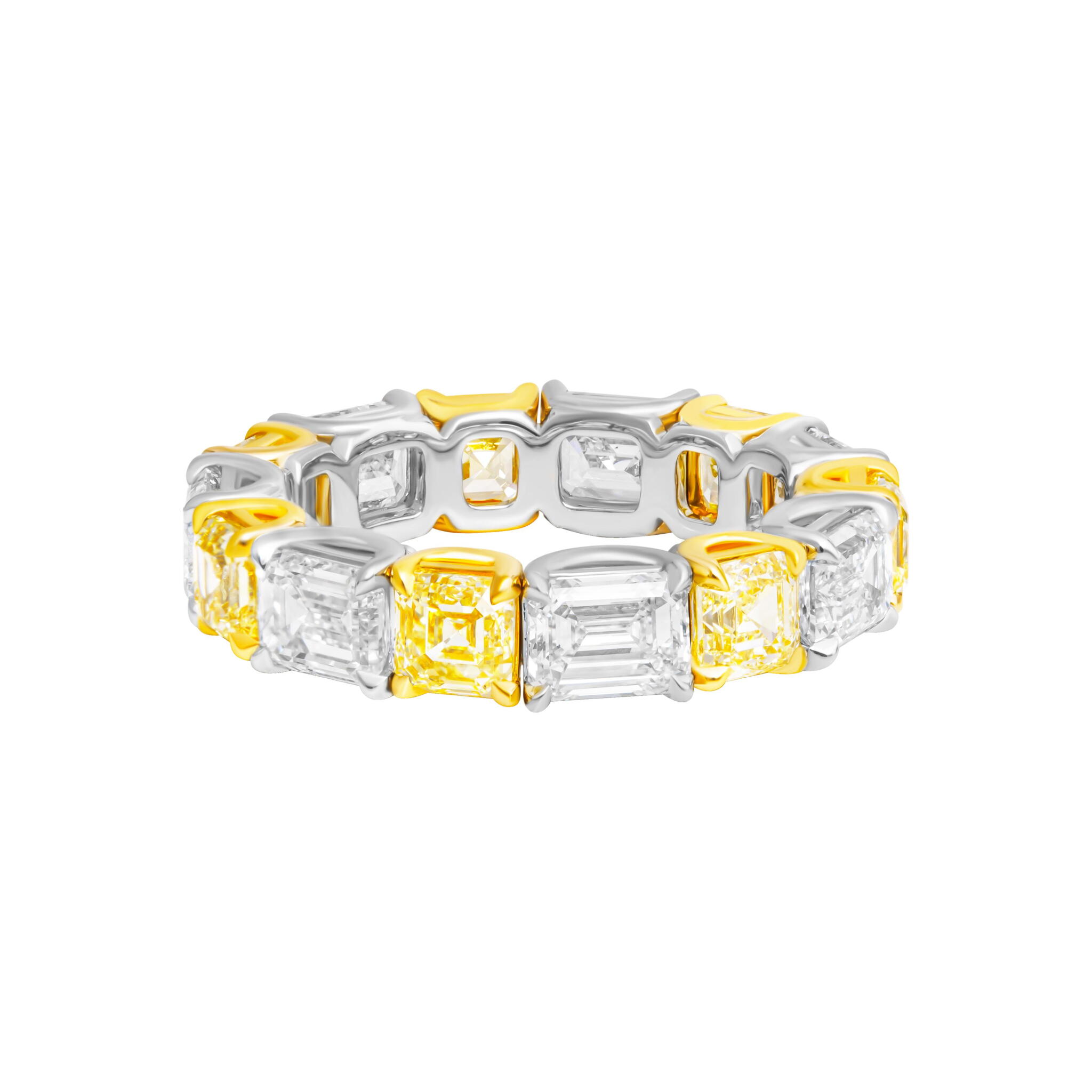 Platinum, Gold, 2.74ctw Asscher Cut Fancy Yellow Diamond and 3.52ctw Emerald Cut Diamond Eternity Band Ring — view 1
