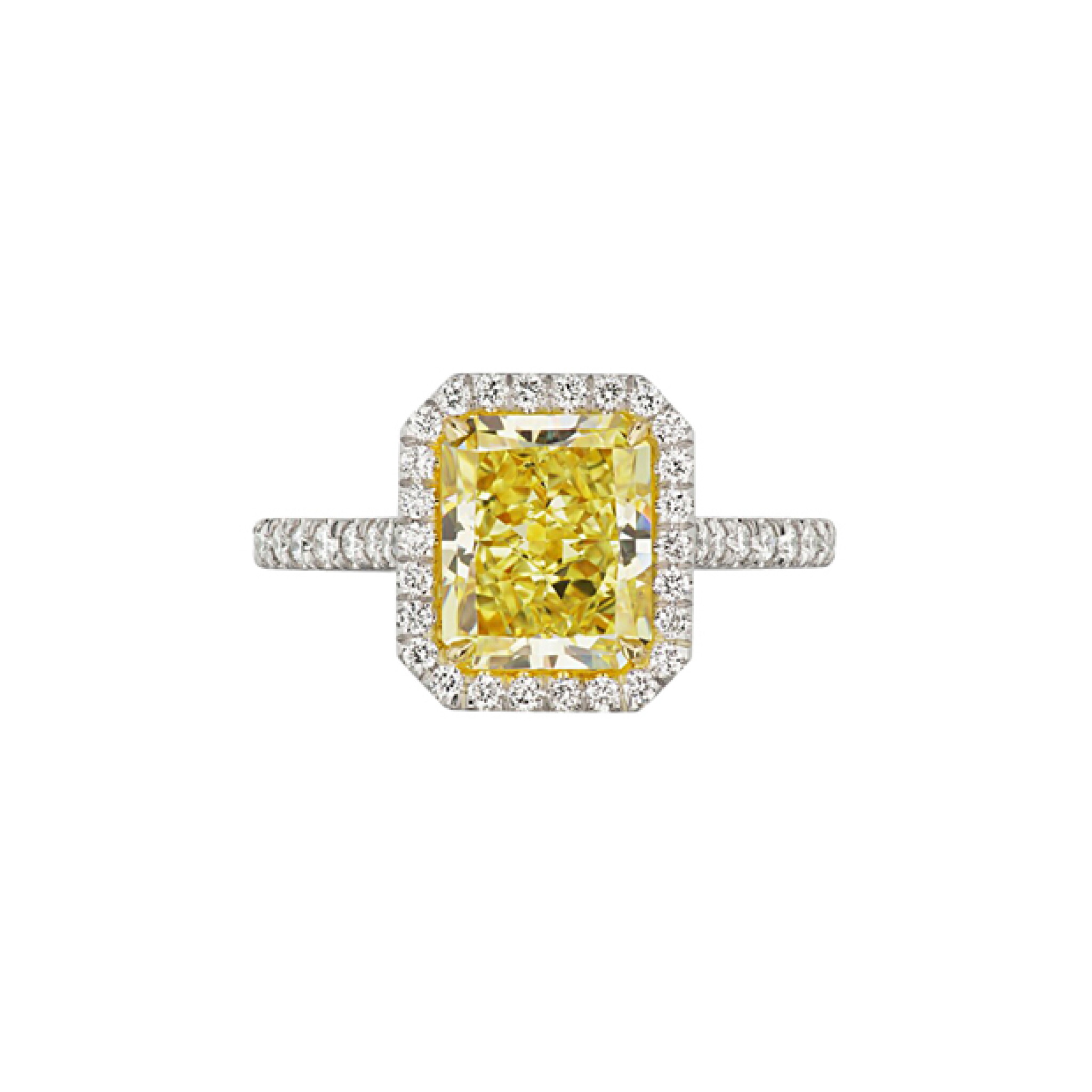 Platinum, Gold, 2.13ct Radiant Cut Fancy Yellow Diamond and Diamond Engagement Ring — view 1