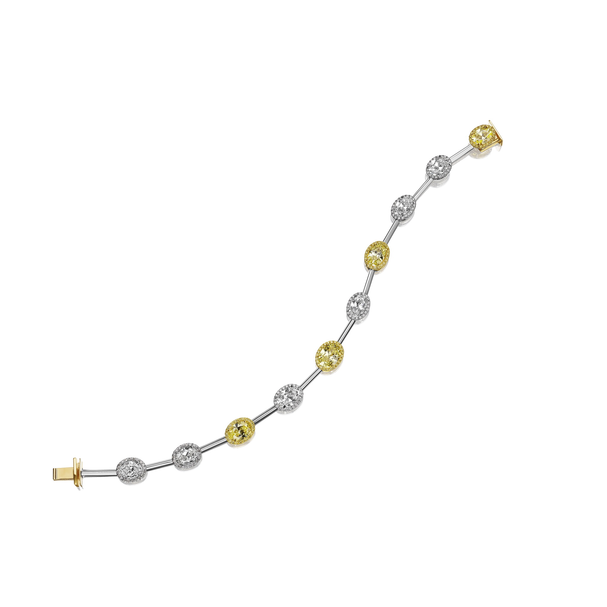 Platinum, Gold, 3.59ctw Oval Cut Fancy Vivid Yellow Diamond, 4.66ctw Oval Cut Diamond and Diamond Station Bracelet — view 1