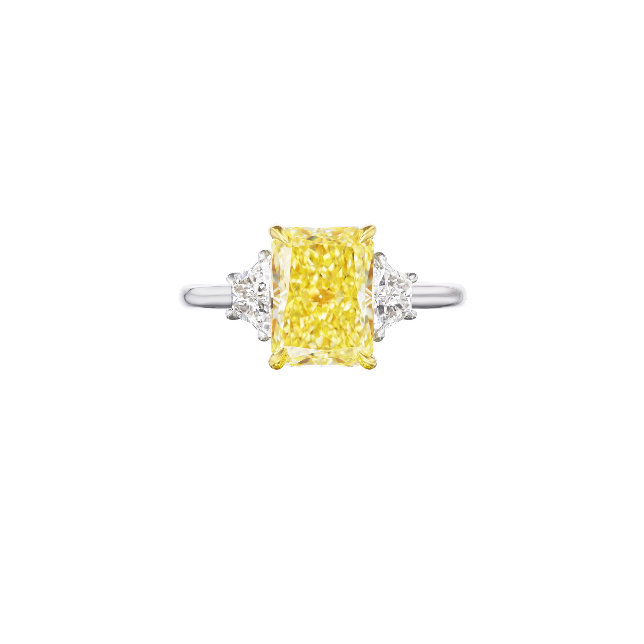 Platinum, Gold, 3.02ct Radiant Cut Fancy Yellow Diamond and Diamond Engagement Ring — view 1