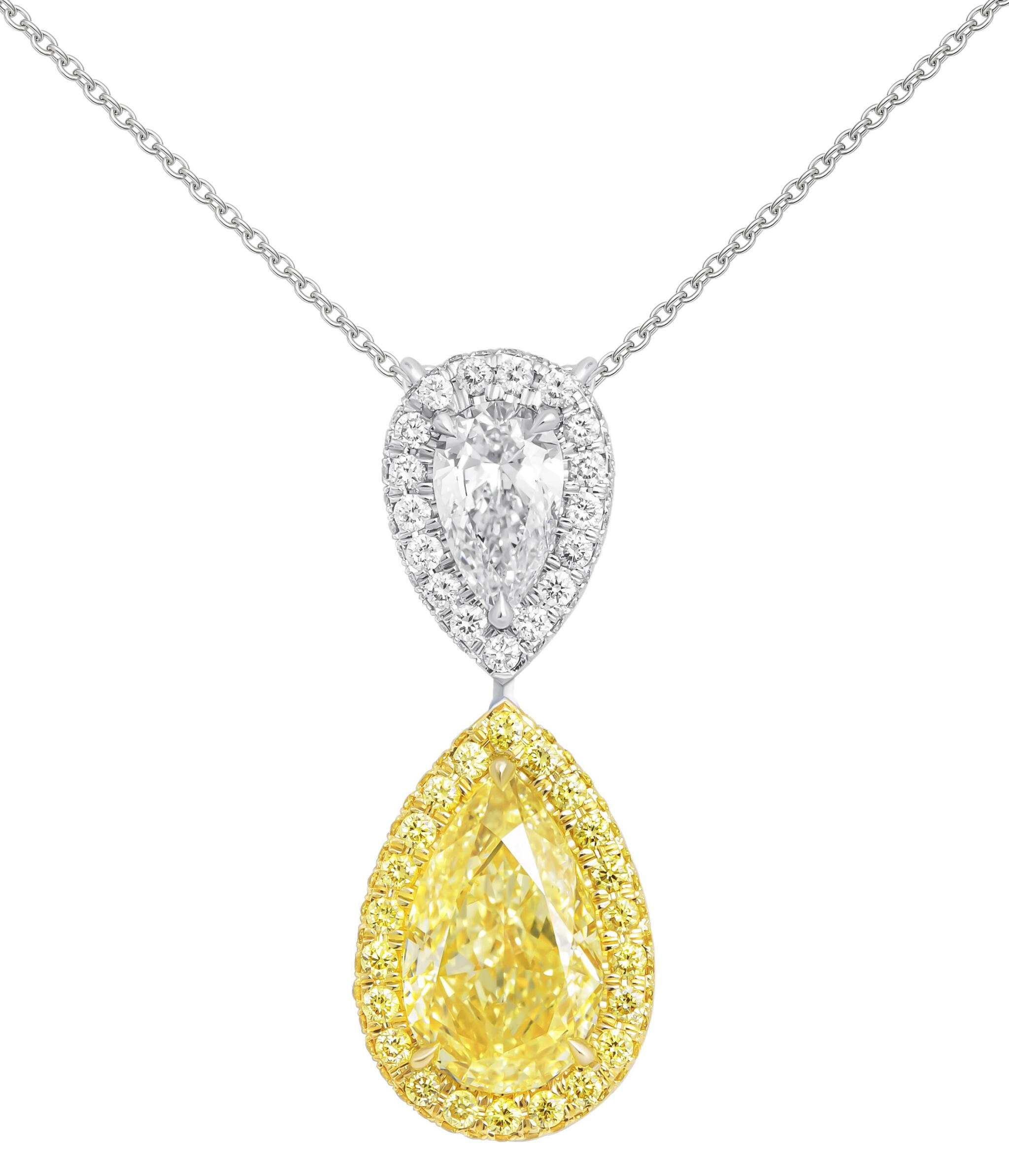 Platinum, Gold, 3.05ct Pear Shape Fancy Intense Yellow Diamond and Diamond Pendant Necklace — view 1