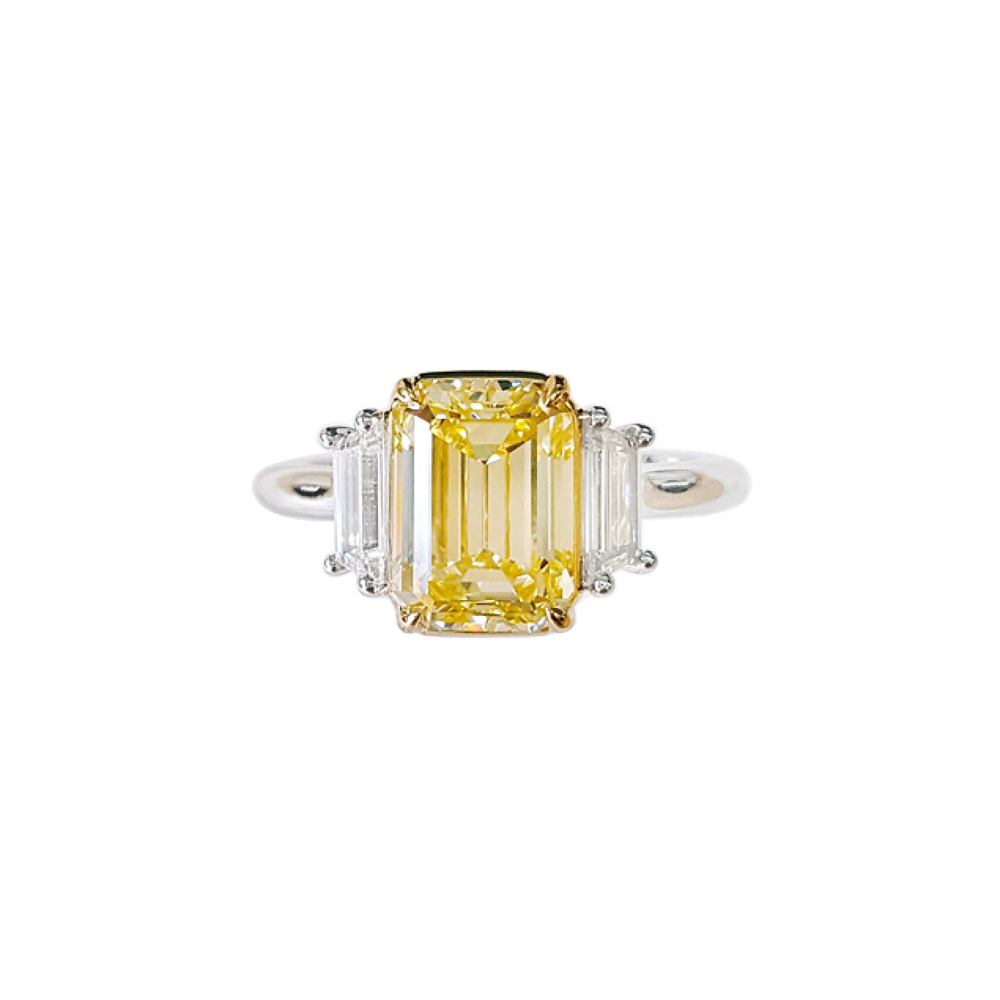 Platinum, Gold, 3.11ct Emerald Cut Fancy Yellow Diamond and Diamond Ring — view 1