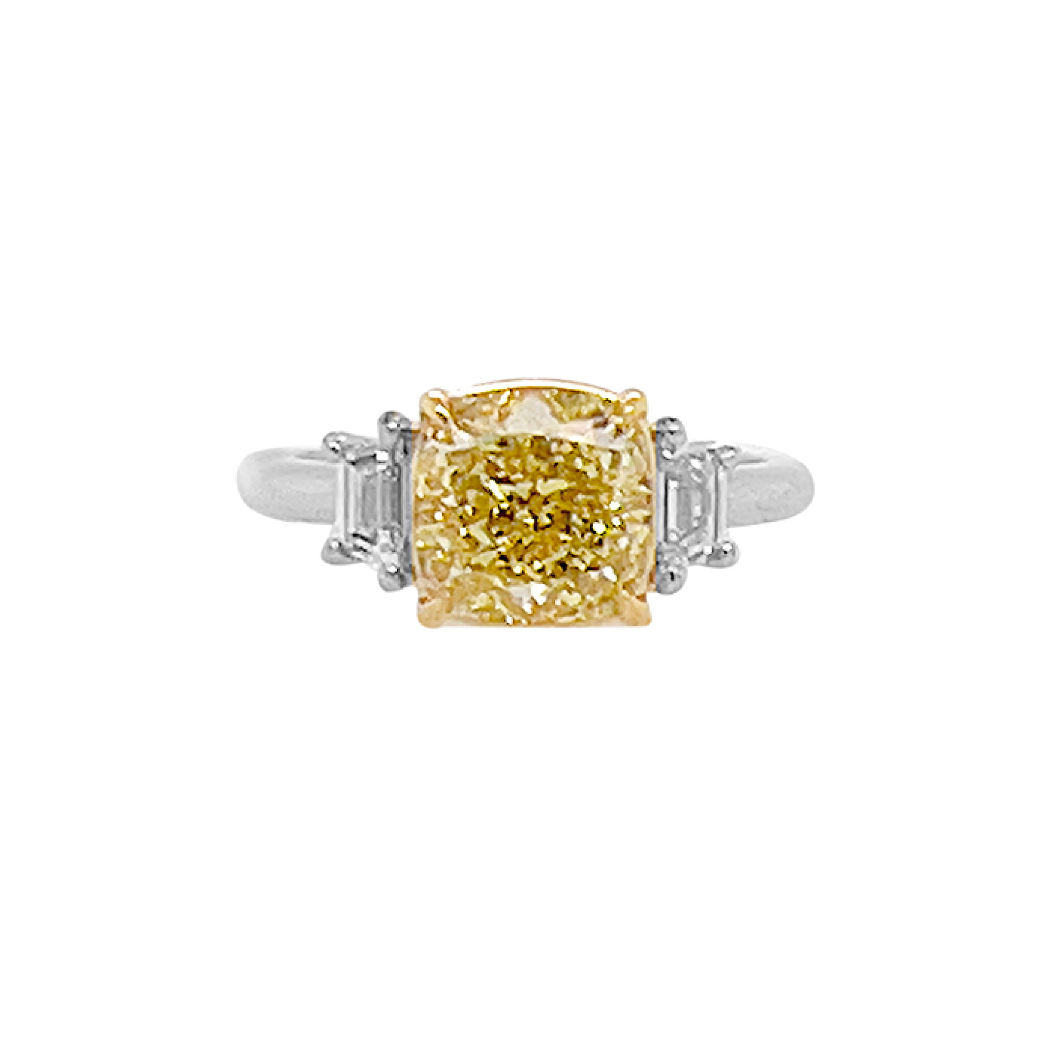Platinum, Gold, 3.12ct Cushion Cut Fancy Yellow Diamond and Diamond Engagement Three Stone Ring — view 1