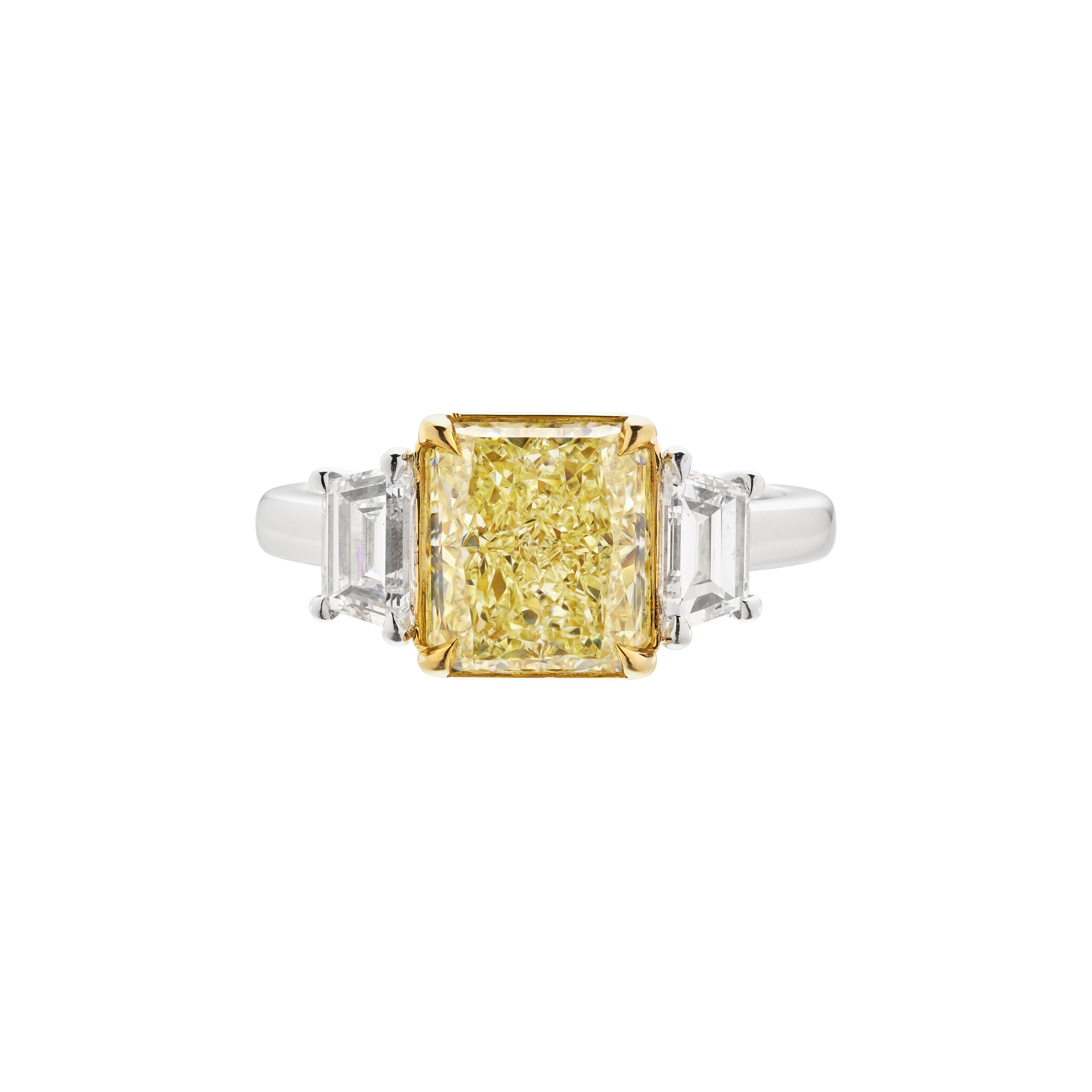 Platinum, Gold, 3.08ct Radiant Cut Fancy Yellow Diamond and Diamond Engagement Ring — view 1