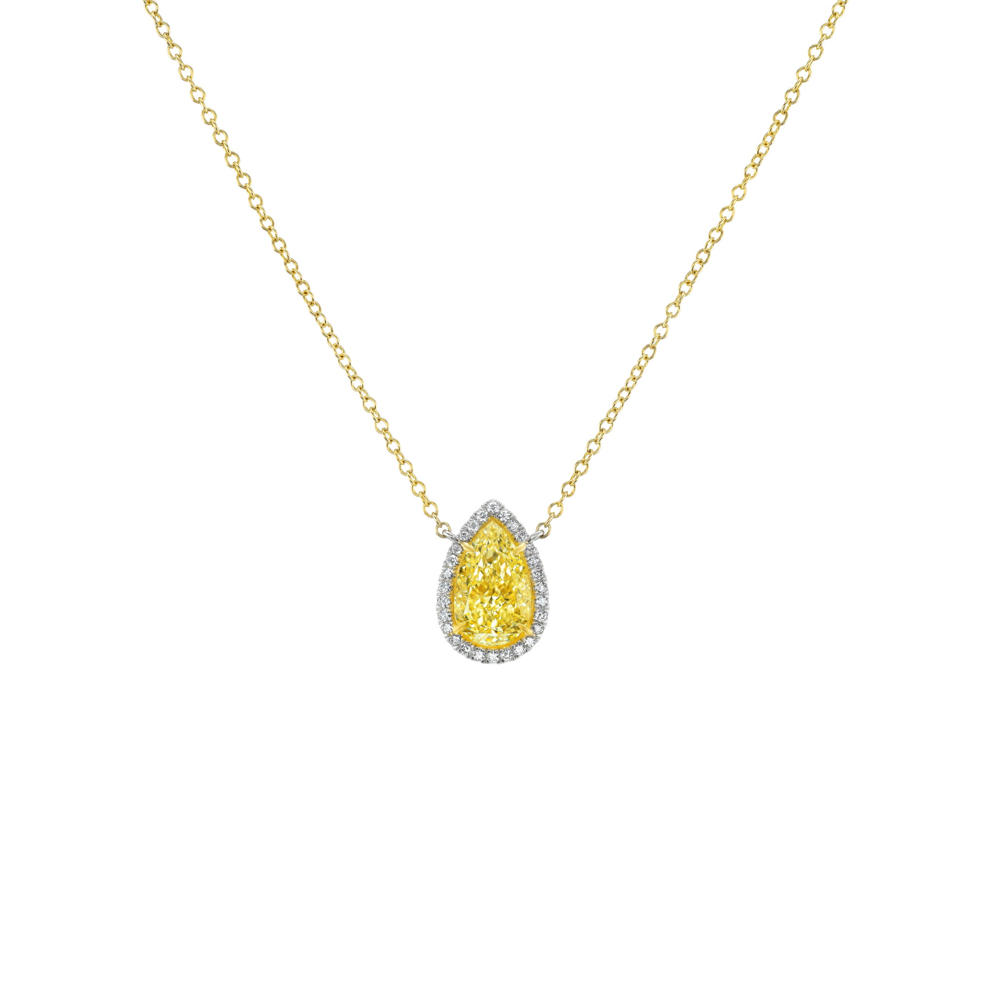 Gold, Platinum, 3.16ct Pear Shape Fancy Light Yellow Diamond and Diamond Necklace — view 1