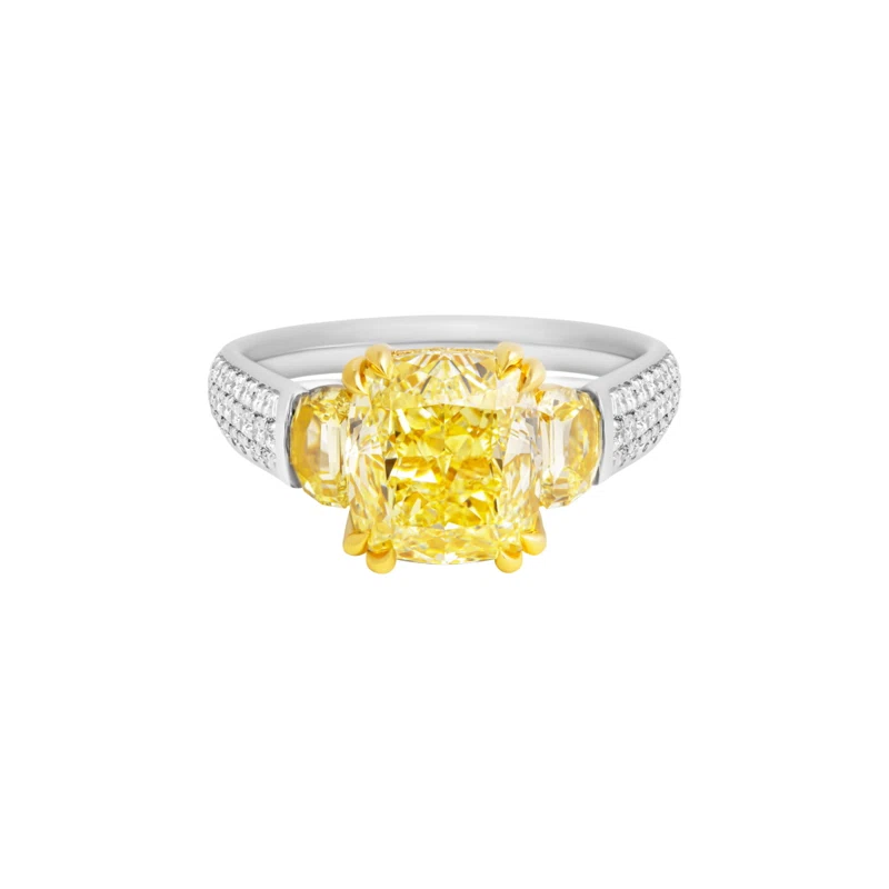 Platinum, Gold, 4.04ct Cushion Cut Fancy Yellow Diamond, Yellow Diamond and Diamond Engagement Ring