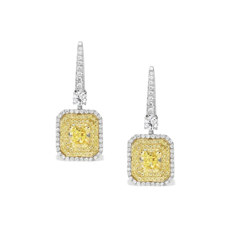 Platinum, Gold, 4.05ct Radiant Cut Fancy Yellow Diamond and Diamond Drop Earrings