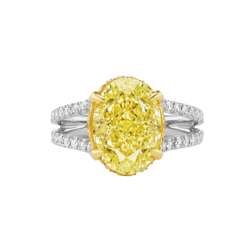 Platinum, Gold, 4.07ct Oval Cut Fancy Intense Yellow Diamond, Yellow Diamond and Diamond Engagement Ring