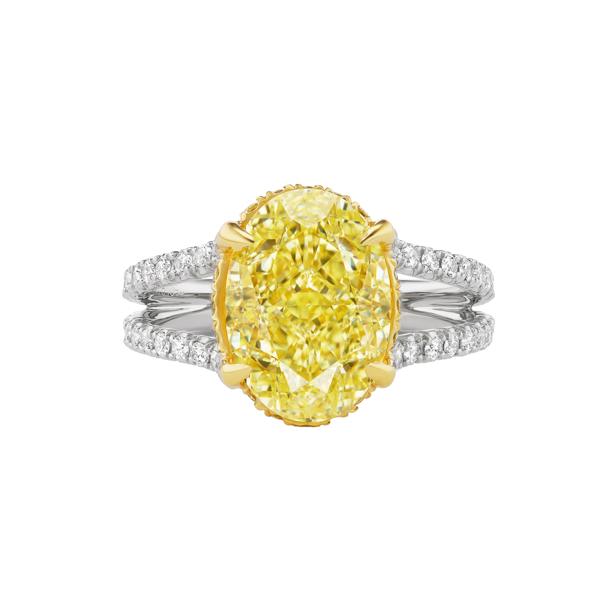 Platinum, Gold, 4.07ct Oval Cut Fancy Intense Yellow Diamond, Yellow Diamond and Diamond Engagement Ring — view 1