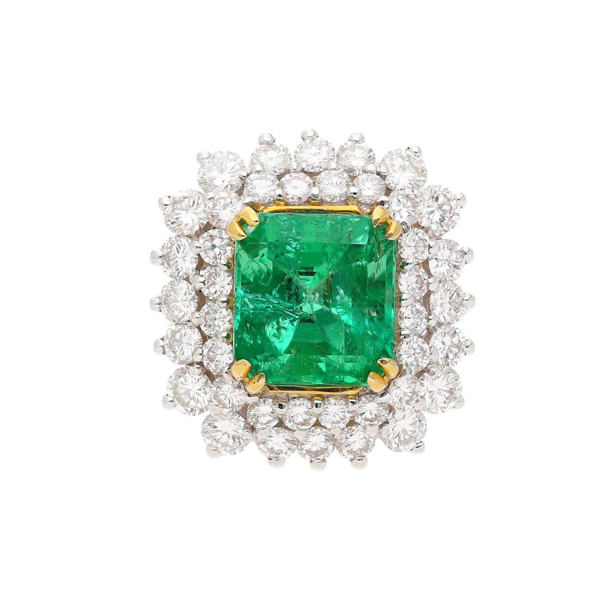 Platinum, Gold, 4.30ct Colombian Emerald and Diamond Ring — view 1