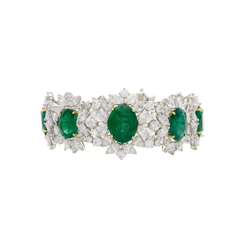 Platinum, Gold, 44.94ctw Zambian Emerald and Diamond Bracelet