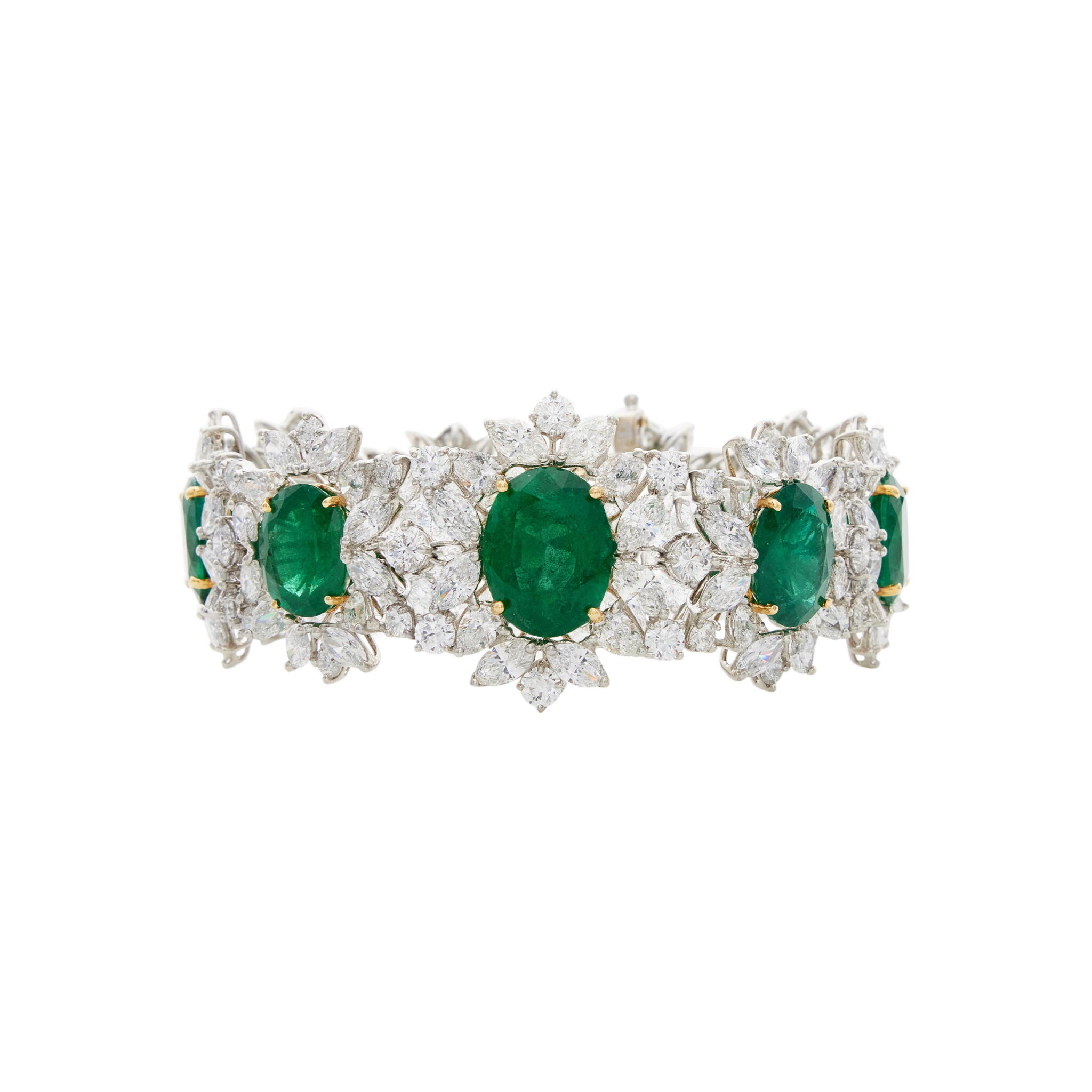 Platinum, Gold, 44.94ctw Zambian Emerald and Diamond Bracelet — view 1