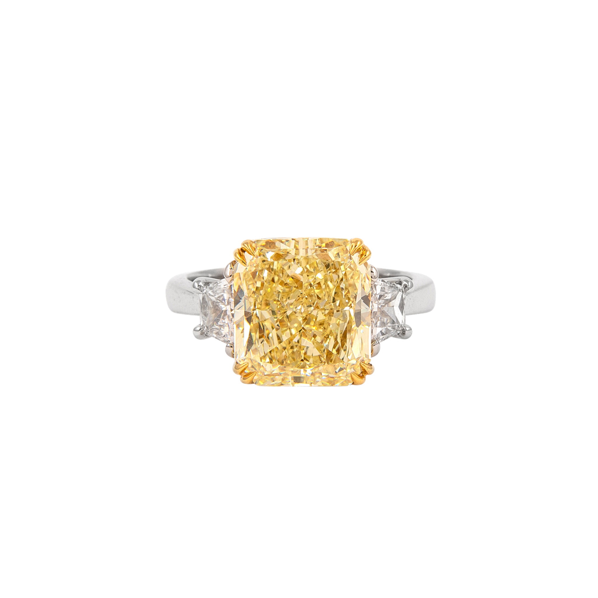 Platinum, Gold, 5.04ct Radiant Cut Fancy Yellow Diamond and Diamond Engagement Three Stone Ring — view 1