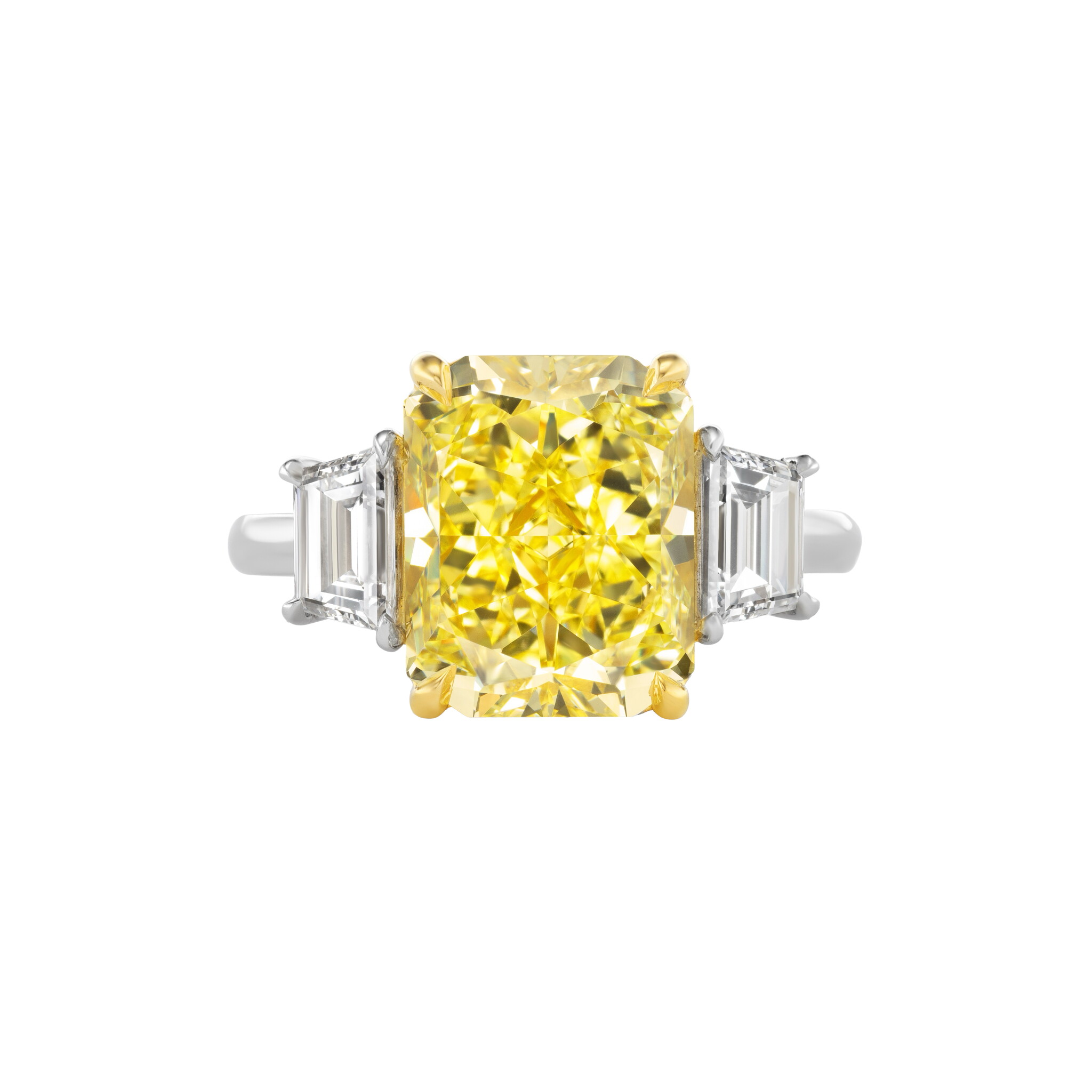 Platinum, Gold, 5.01ct Radiant Cut Fancy Intense Yellow Diamond and Diamond Engagement Ring  — view 1