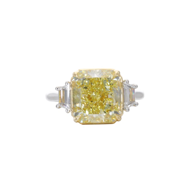 Platinum, Gold, 5.73ct Radiant Cut Fancy Intense Yellow Diamond and Diamond Engagement Ring