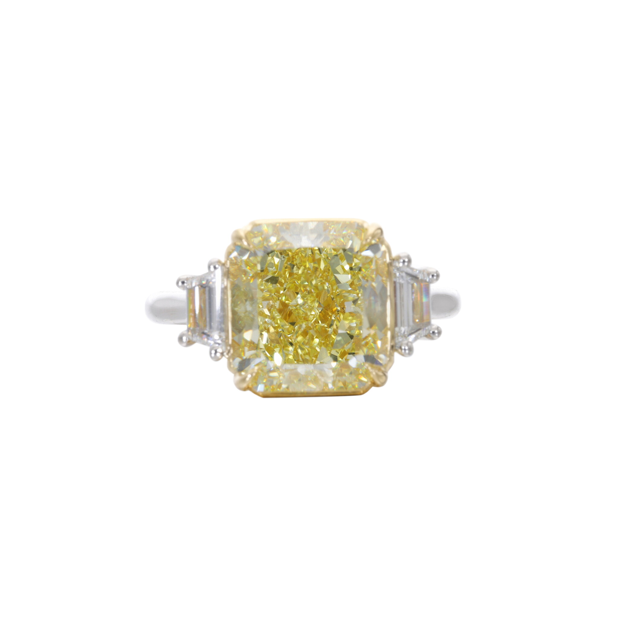 Platinum, Gold, 5.73ct Radiant Cut Fancy Intense Yellow Diamond and Diamond Engagement Ring — view 1