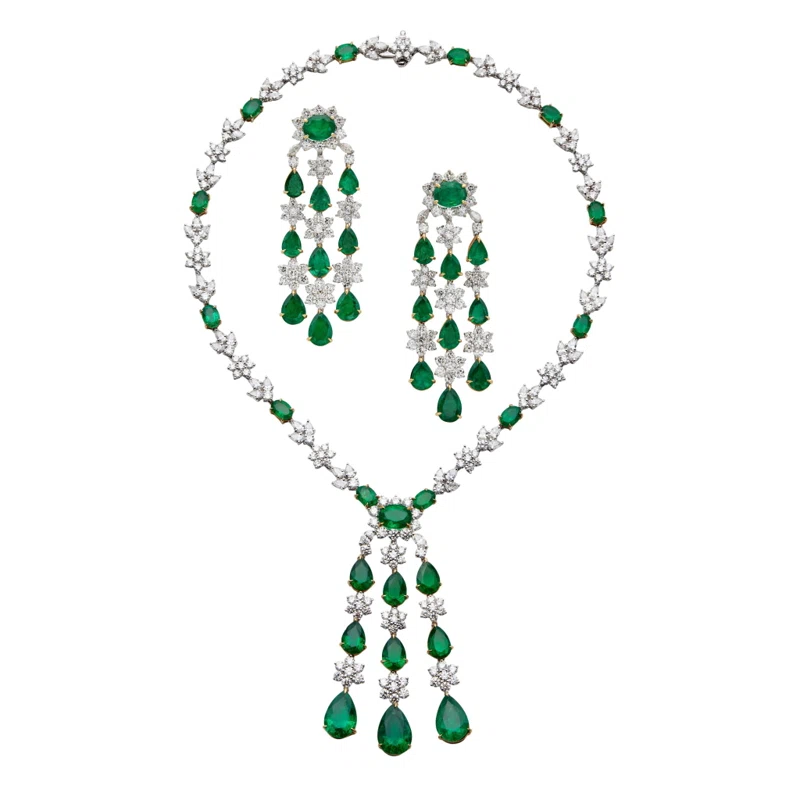 Platinum, Gold, 59.28ctw Zambian Emerald and Diamond Earring and Necklace Set