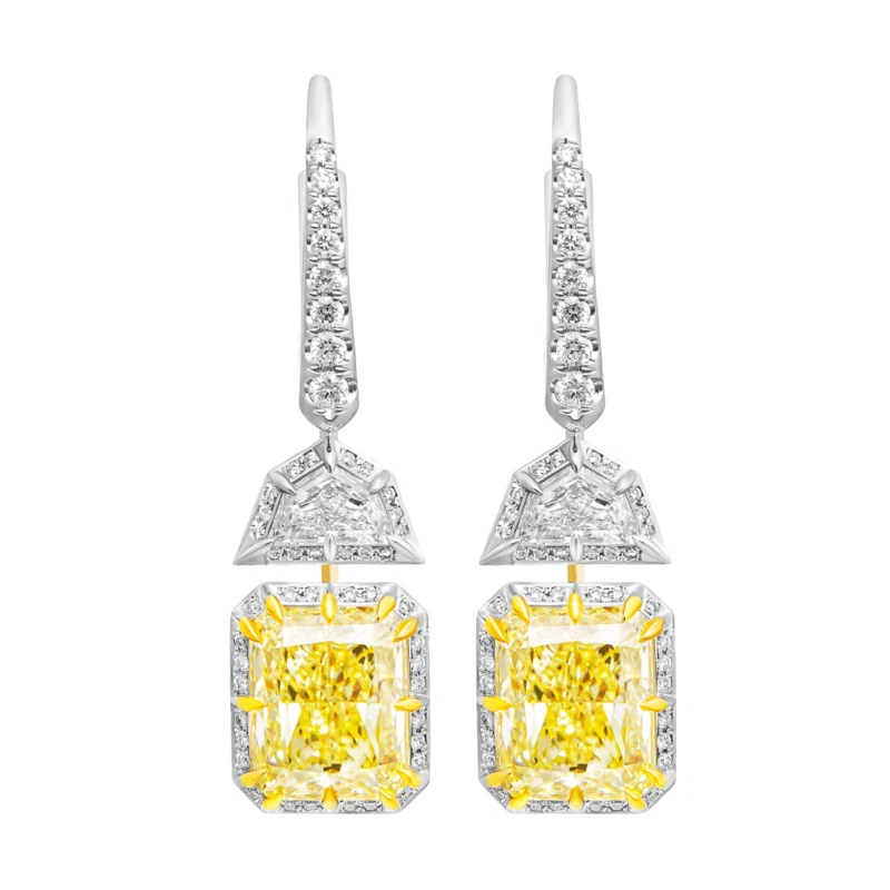 Platinum, Gold, 6.05ctw Radiant Cut Fancy Light Yellow Diamond and Diamond Drop Earrings