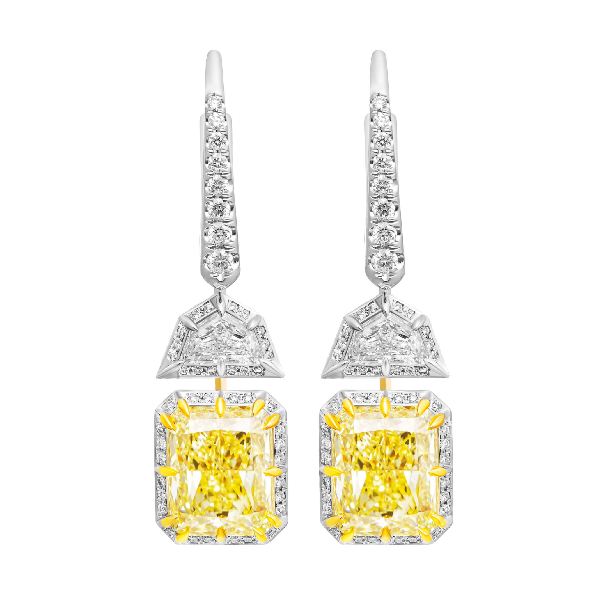 Platinum, Gold, 6.05ctw Radiant Cut Fancy Light Yellow Diamond and Diamond Drop Earrings — view 1