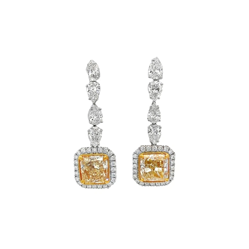 Platinum, Gold, 6.19ct Radiant Cut Fancy Yellow Diamond and Diamond Drop Earrings
