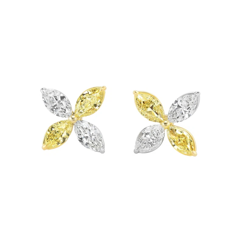 Platinum, Gold, 6.70ctw Marquise Cut Fancy Yellow Diamond and Diamond Stud Earrings