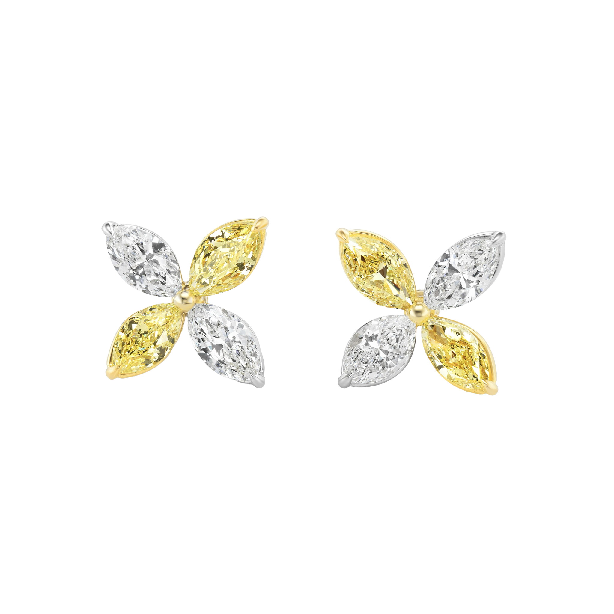 Platinum, Gold, 6.70ctw Marquise Cut Fancy Yellow Diamond and Diamond Stud Earrings — view 1
