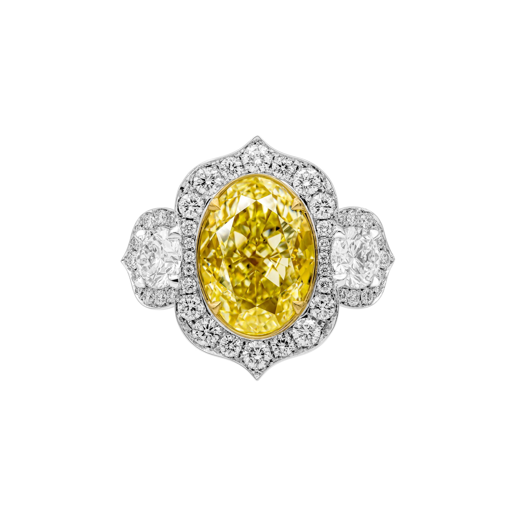Platinum, Gold, 6.02ct Oval Cut Fancy Light Yellow Diamond and Diamond Engagement Ring — view 1