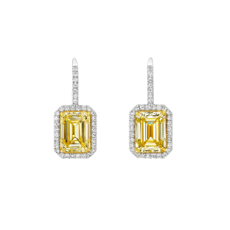 Platinum, Gold, 6.05ctw Emerald Cut Fancy Light Yellow and Diamond Earrings