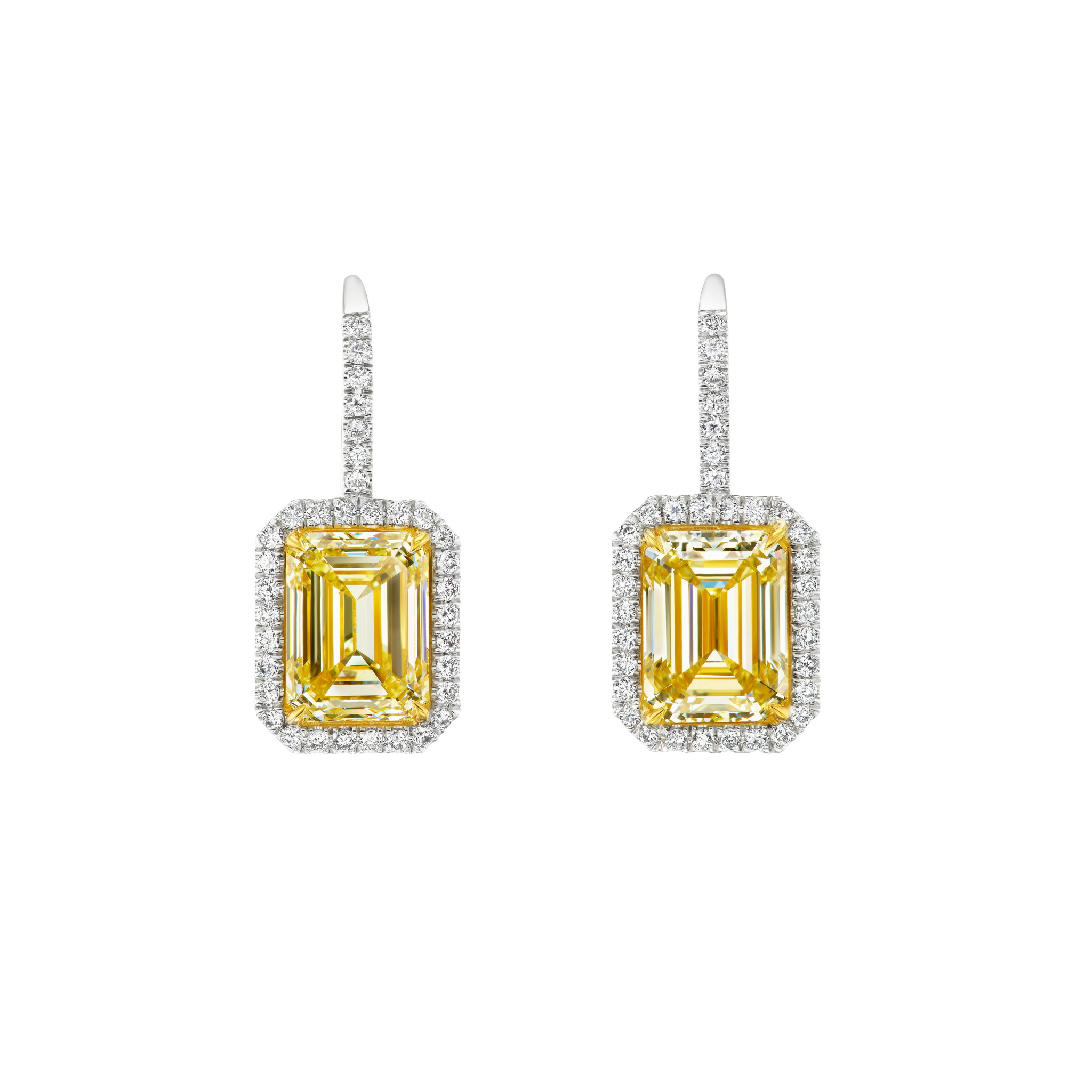 Platinum, Gold, 6.05ctw Emerald Cut Fancy Light Yellow and Diamond Earrings — view 1