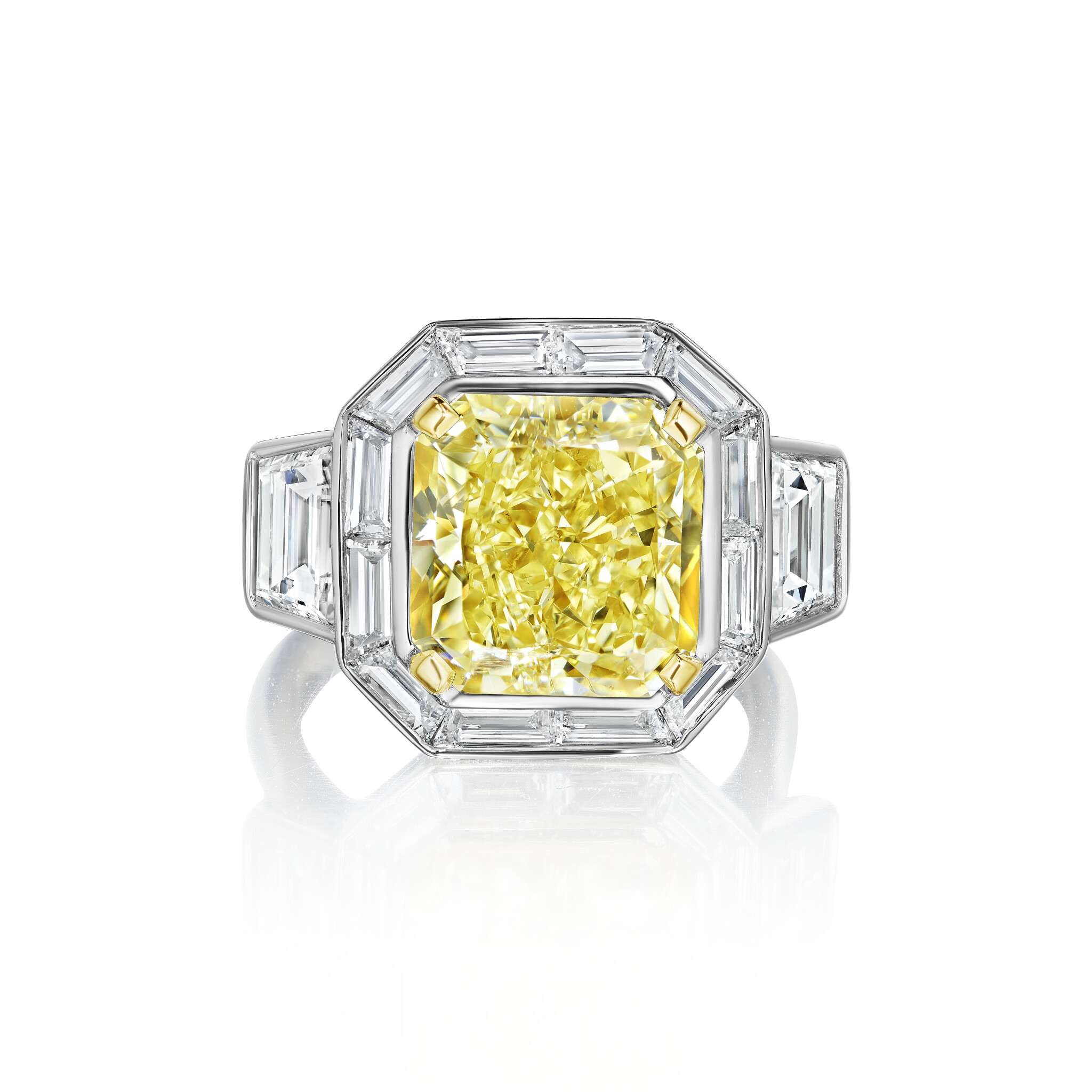 Platinum, Gold, 7.43ct Radiant Cut Fancy Light Yellow Diamond and Diamond Engagement Ring — view 1