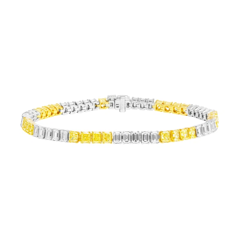 Platinum, Gold, 4.05ctw Radiant Cut Yellow Diamond and 3.60ctw Emerald Cut Diamond Tennis Bracelet