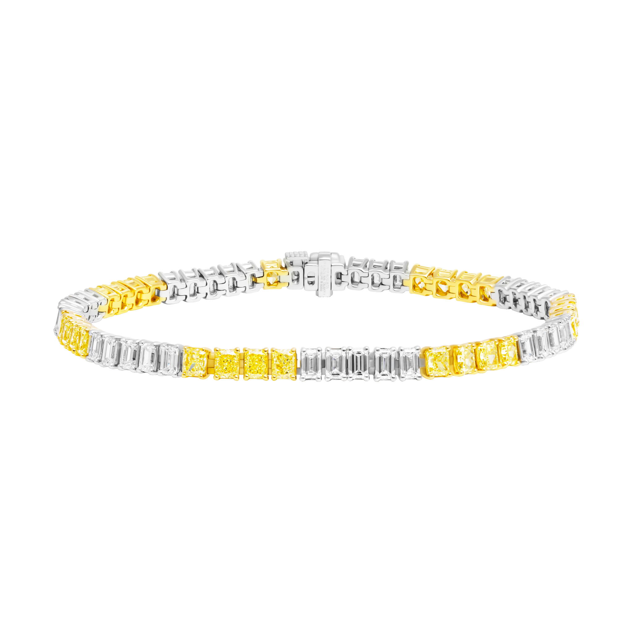 Platinum, Gold, 4.05ctw Radiant Cut Yellow Diamond and 3.60ctw Emerald Cut Diamond Tennis Bracelet — view 1