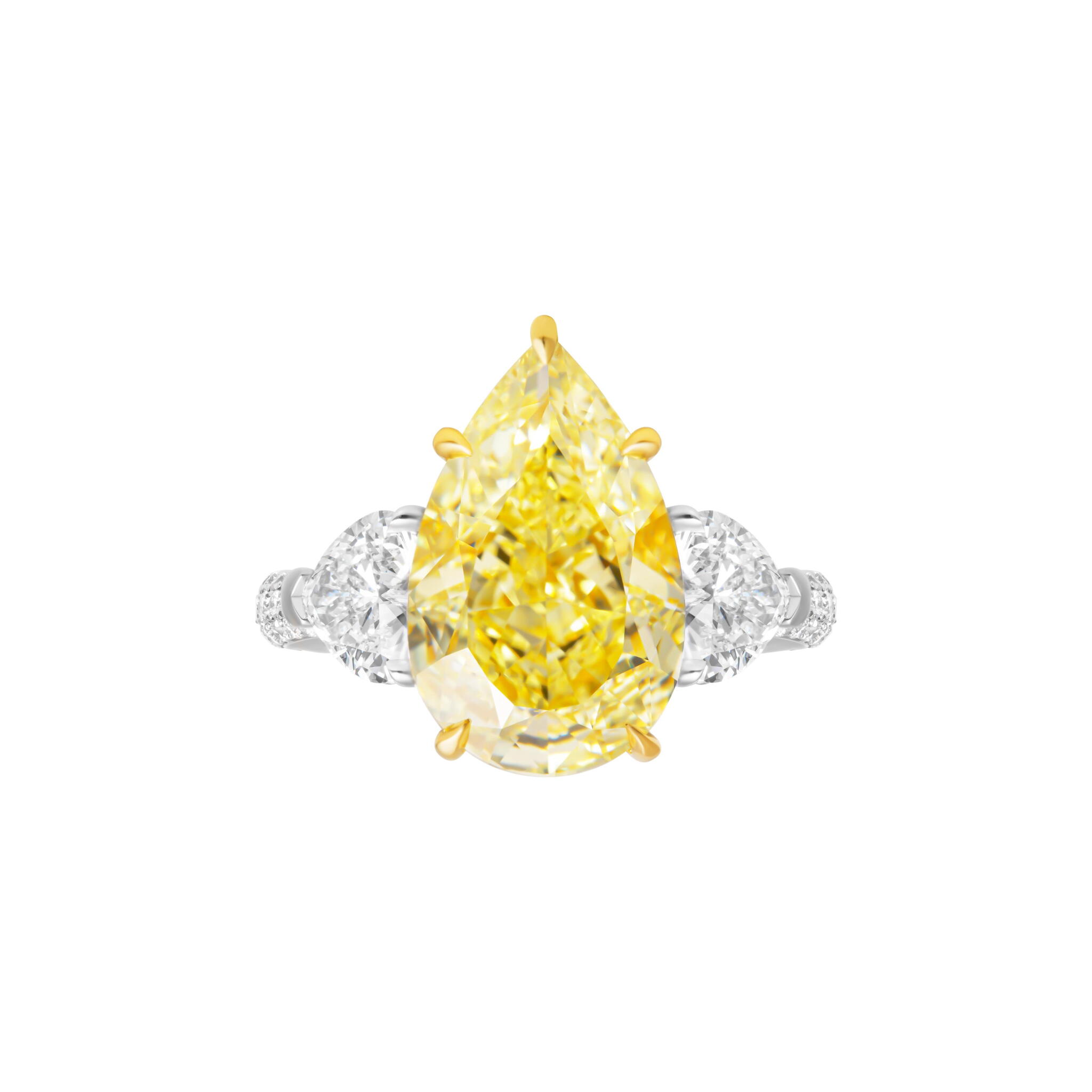 Platinum, Gold, 7.78ct Pear Shape Fancy Yellow Diamond, Yellow Diamond and Diamond Engagement Ring — view 1