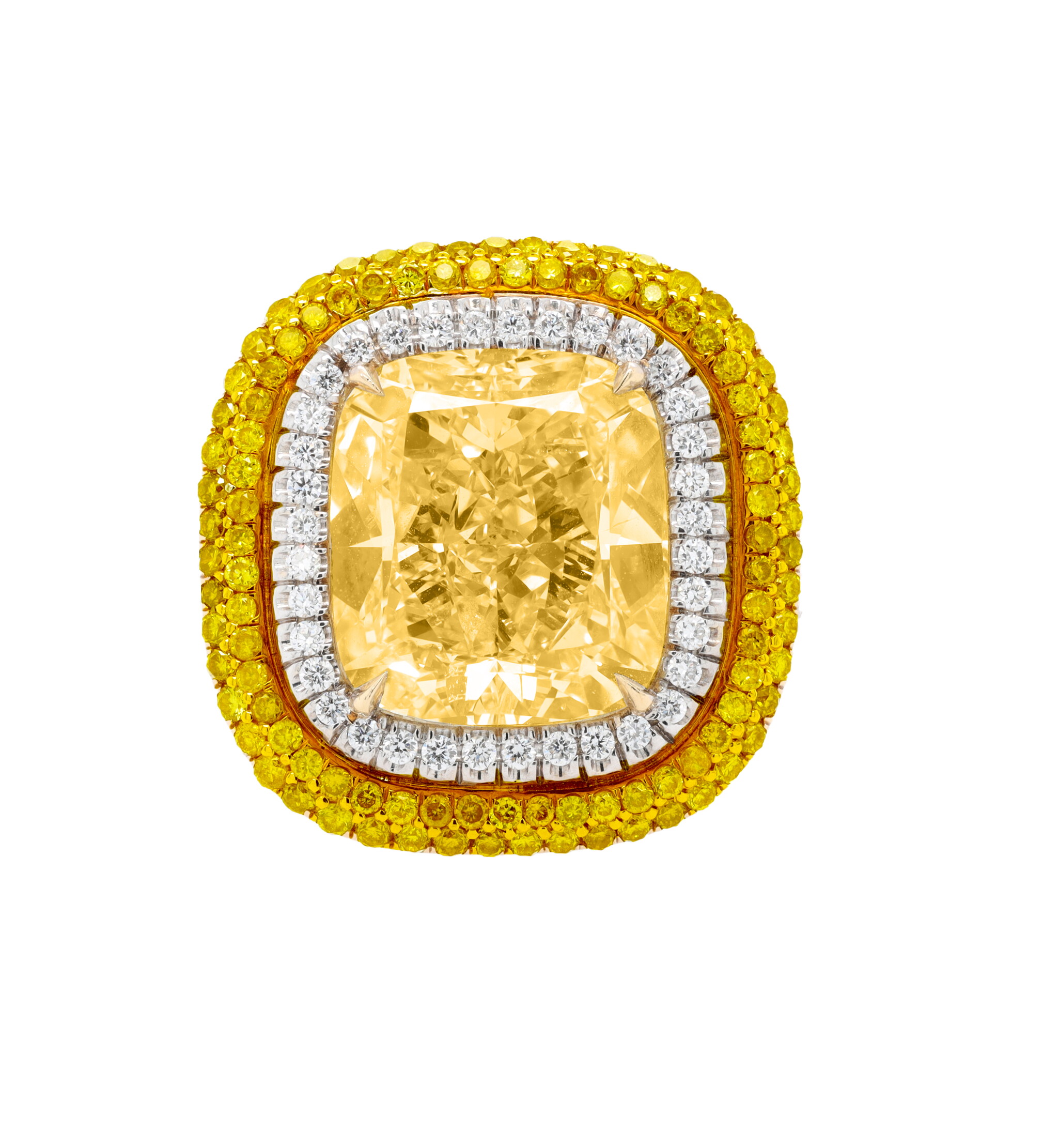 Platinum, Gold, 8.56ct Cushion Cut Fancy Yellow Diamond and Diamond Engagement Ring — view 1