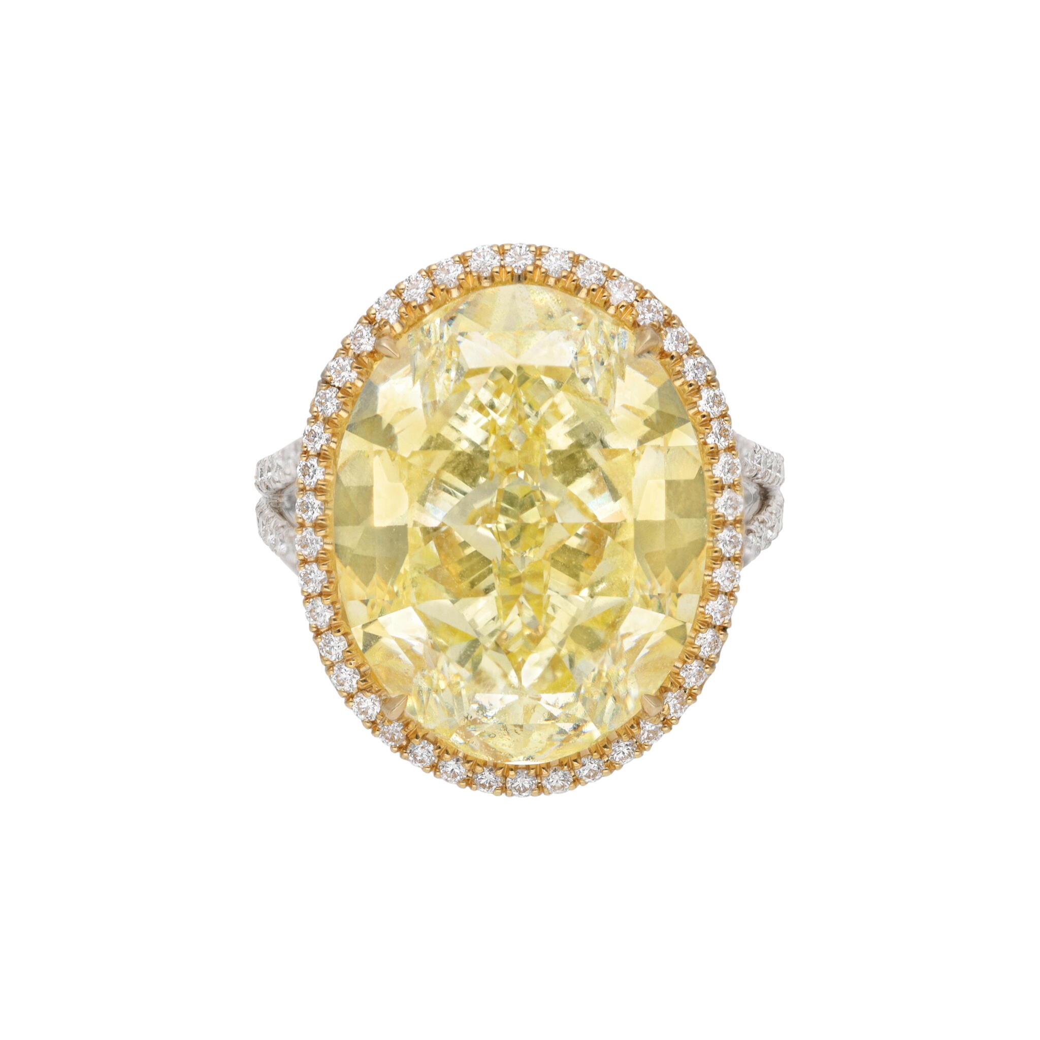 Platinum, Gold, 15.29ct Oval Fancy Yellow Diamond and Diamond Ring — view 1