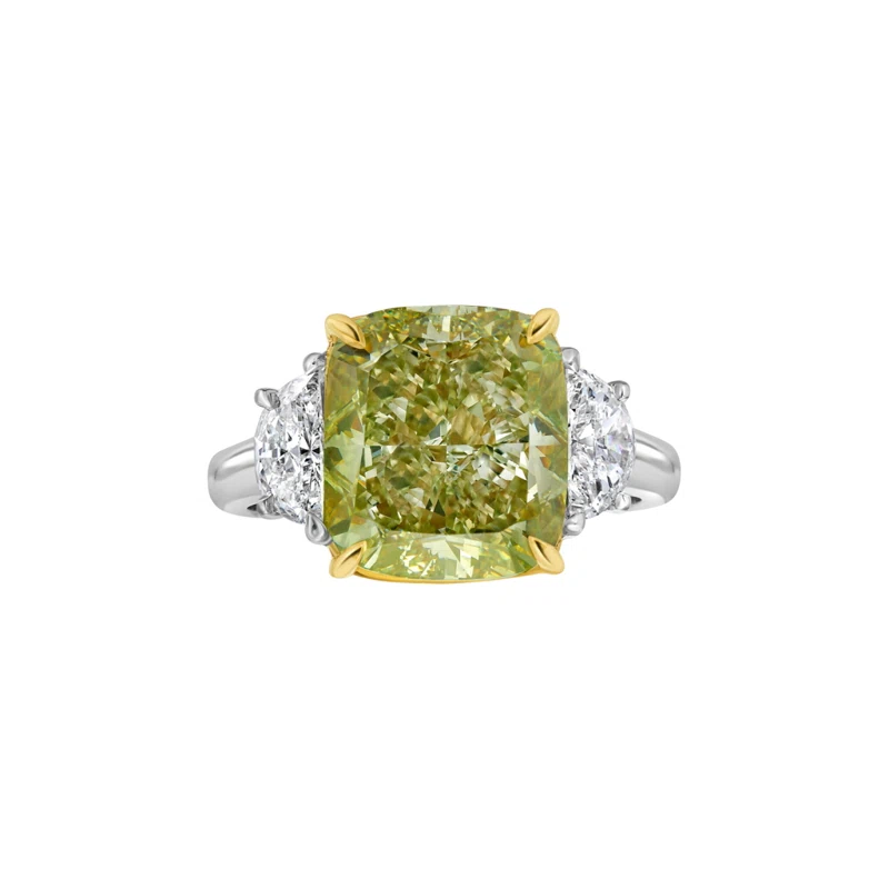 Platinum, Gold, and 6.08ct Cushion Cut Fancy Yellow Green Diamond and Diamond Ring