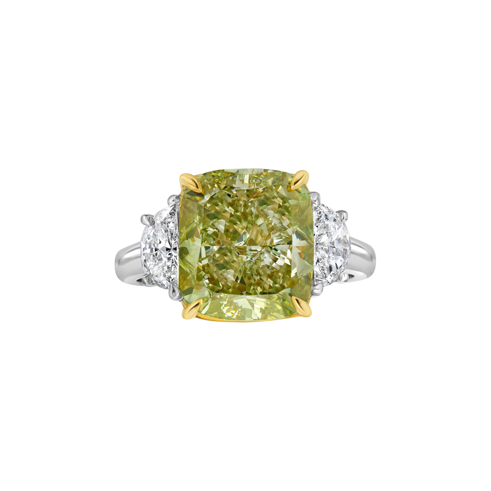 Platinum, Gold, and 6.08ct Cushion Cut Fancy Yellow Green Diamond and Diamond Ring — view 1