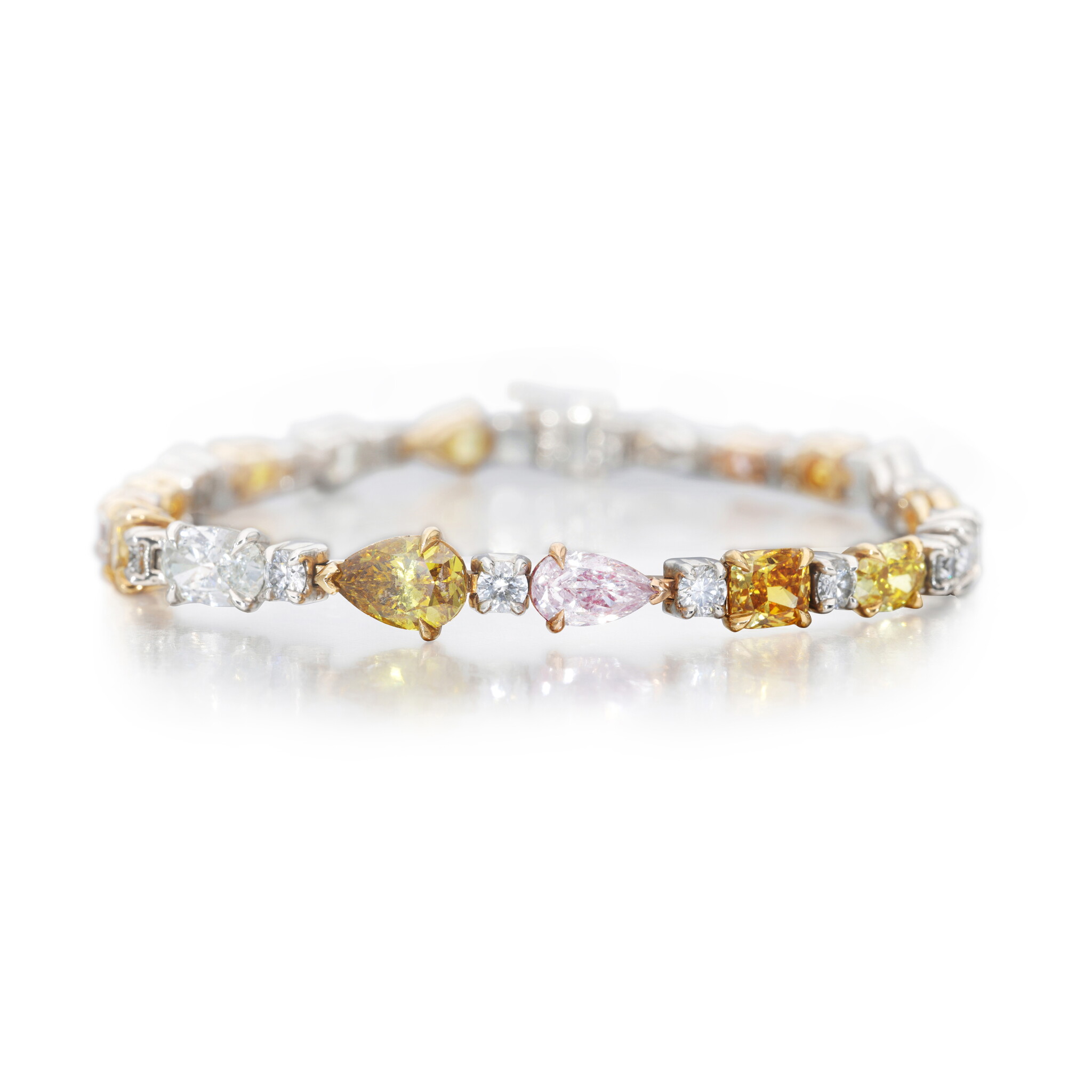 Platinum, Gold, Fancy Colored Diamond and Diamond Bracelet — view 1
