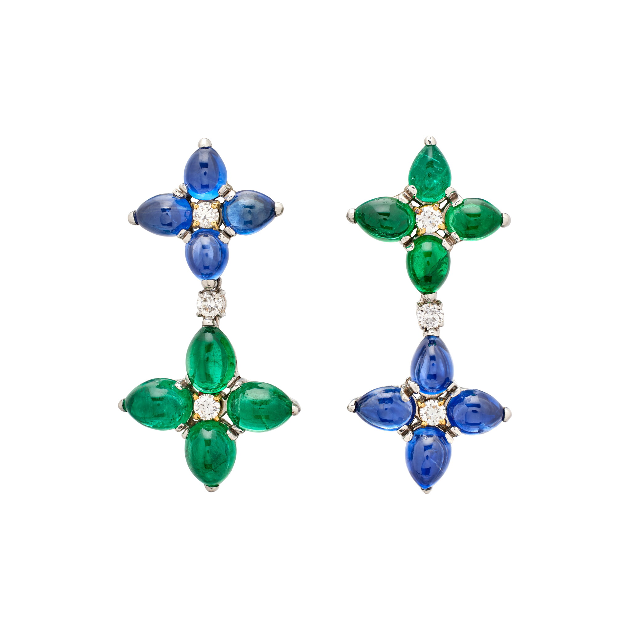 Platinum, Gold, Sapphire and Emerald Drop Earrings — view 1