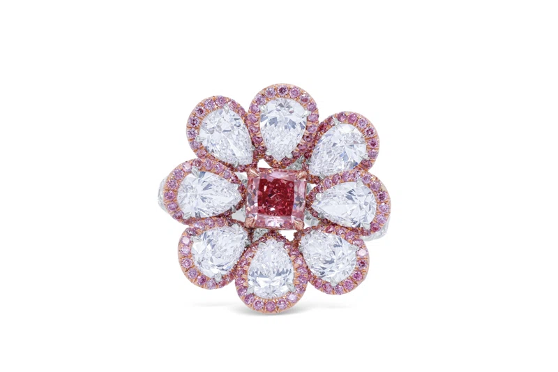 Platinum, Rose Gold, 0.80ct Radiant Cut Fancy Vivid Purplish Pink Diamond, Pink Diamond, and Diamond Flower Ring