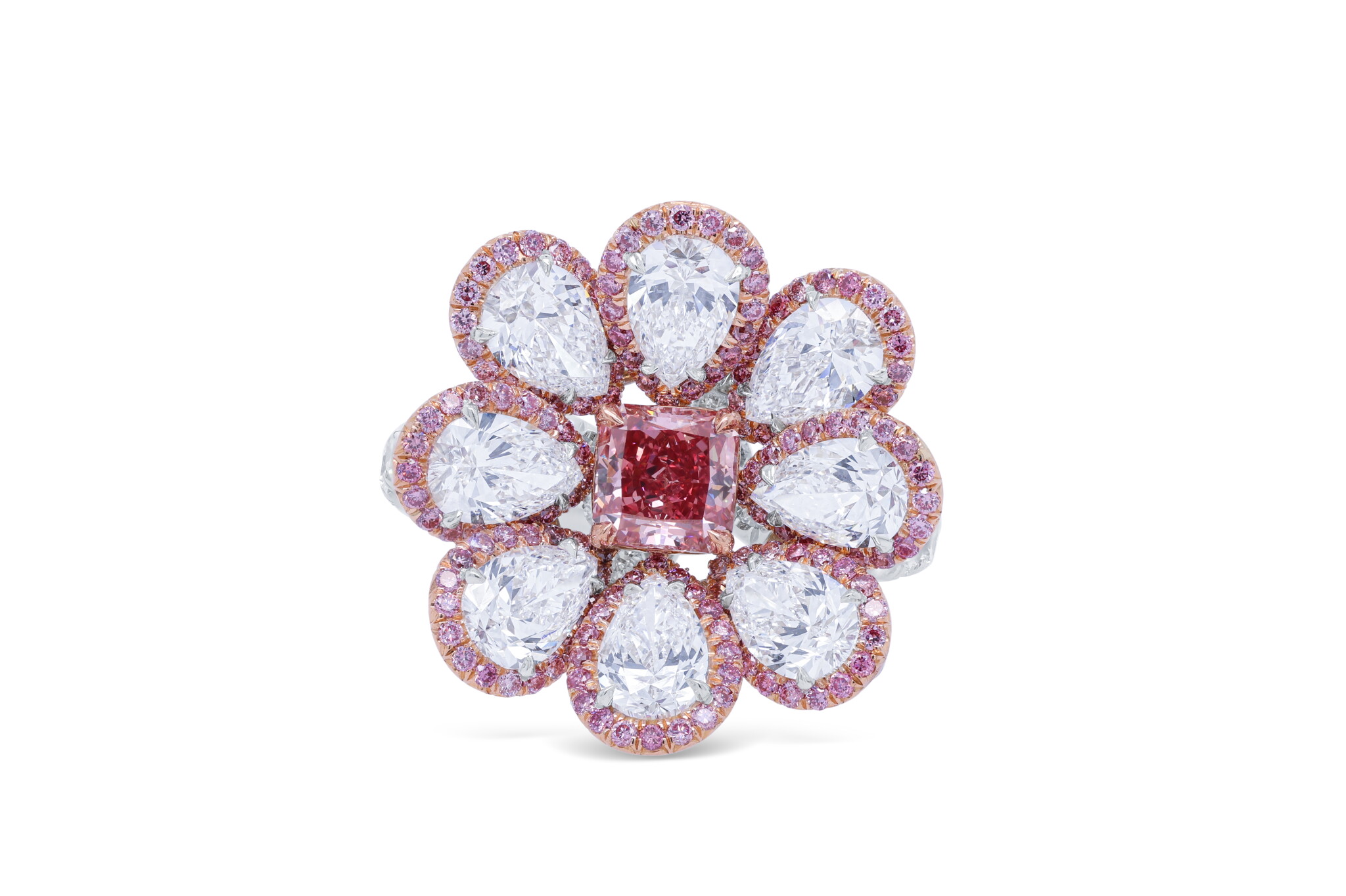 Platinum, Rose Gold, 0.80ct Radiant Cut Fancy Vivid Purplish Pink Diamond, Pink Diamond, and Diamond Flower Ring — view 1