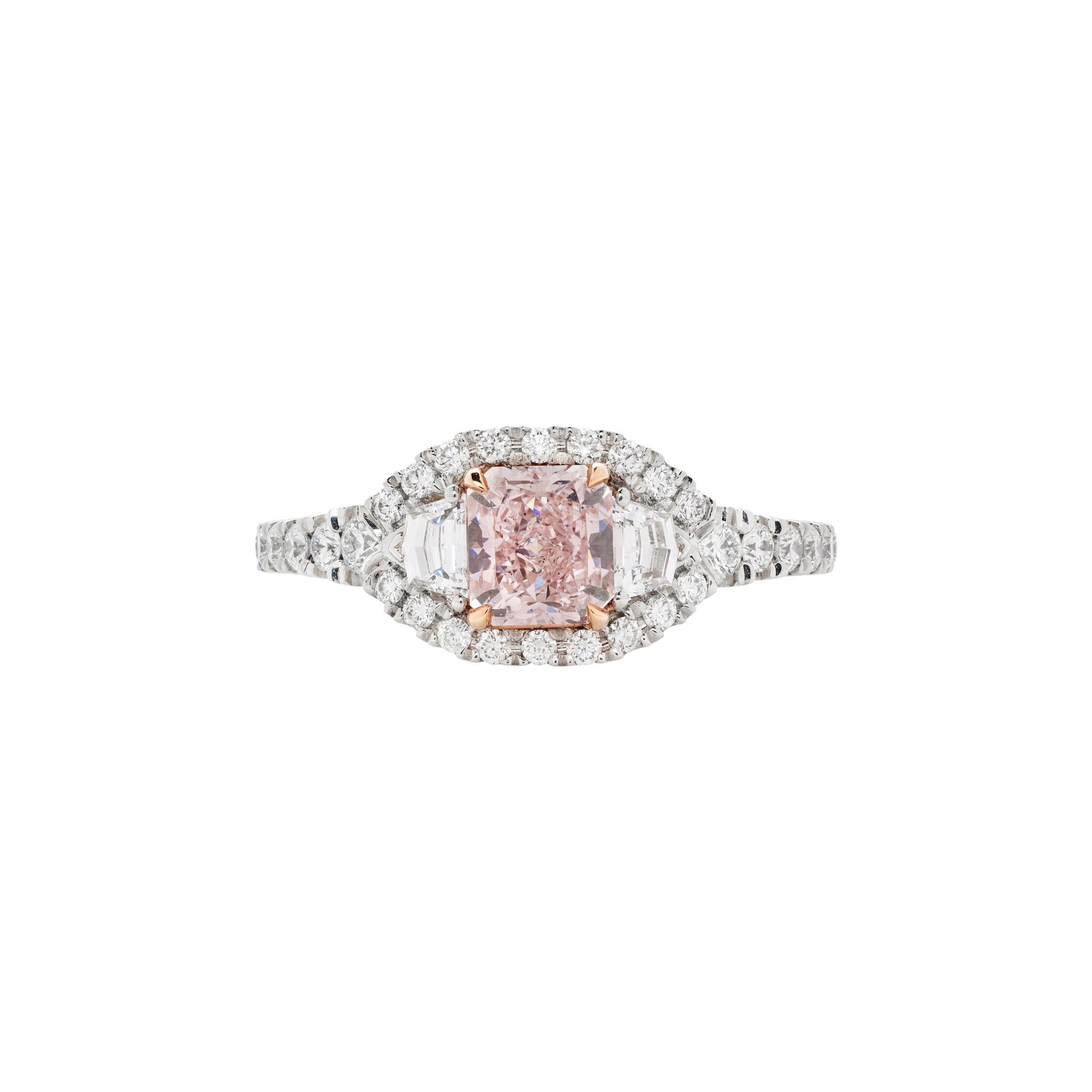 Platinum, Rose Gold, 0.75ct Radiant Cut Fancy Pink Diamond and Diamond Ring  — view 1