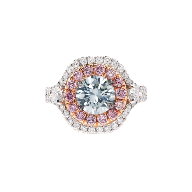 Platinum, Rose Gold, 1.55ct Round Brilliant Cut Fancy Gray Blue Diamond, Pink Diamond and Diamond Ring