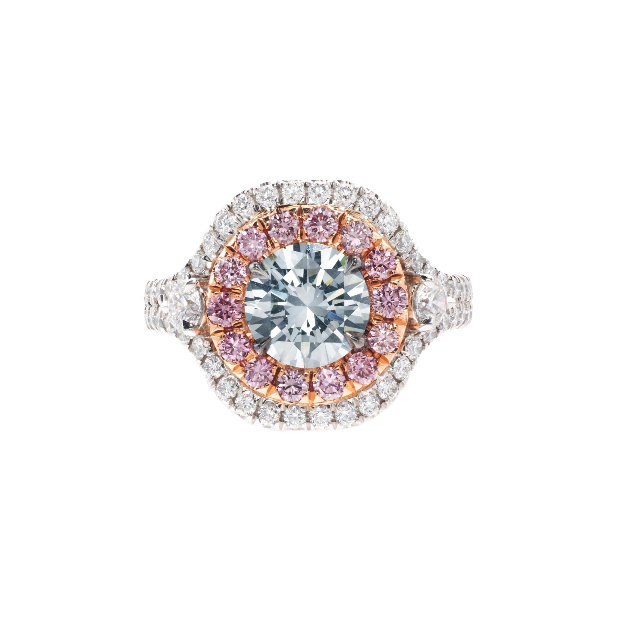 Platinum, Rose Gold, 1.55ct Round Brilliant Cut Fancy Gray Blue Diamond, Pink Diamond and Diamond Ring — view 1