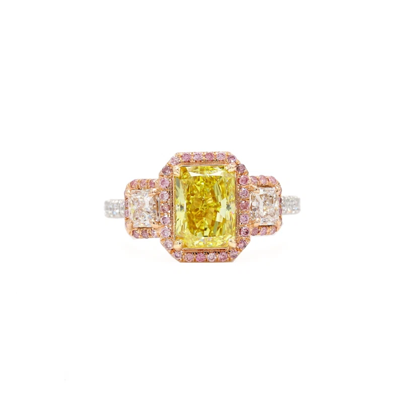 Platinum, Rose Gold, 2.01ct Radiant Cut Fancy Intense Yellow Diamond, Diamond and Pink Diamond Engagement Three Stone Ring