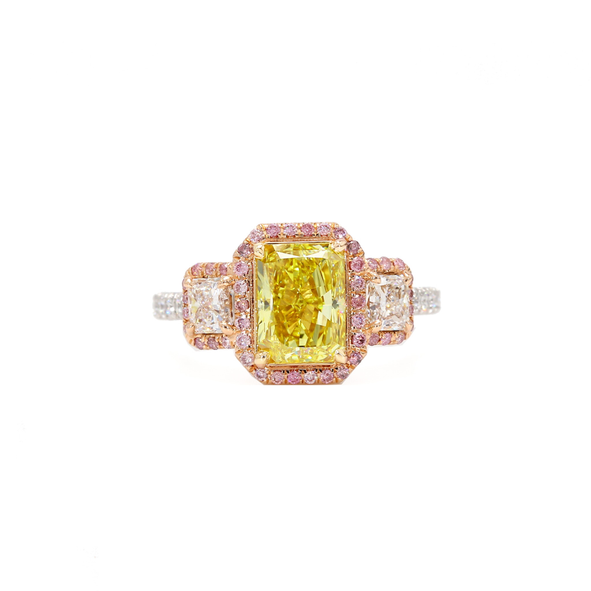 Platinum, Rose Gold, 2.01ct Radiant Cut Fancy Intense Yellow Diamond, Diamond and Pink Diamond Engagement Three Stone Ring — view 1