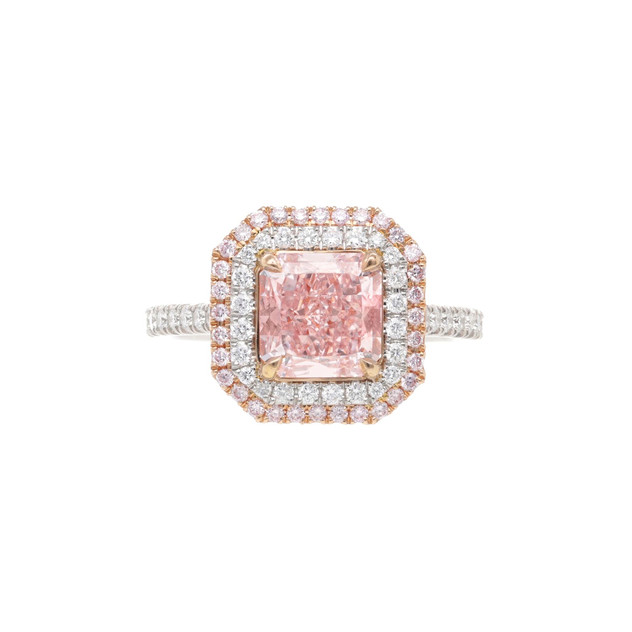 Platinum, Rose Gold, 2.06ct Radiant Cut Fancy Pink Diamond and Diamond Ring — view 1