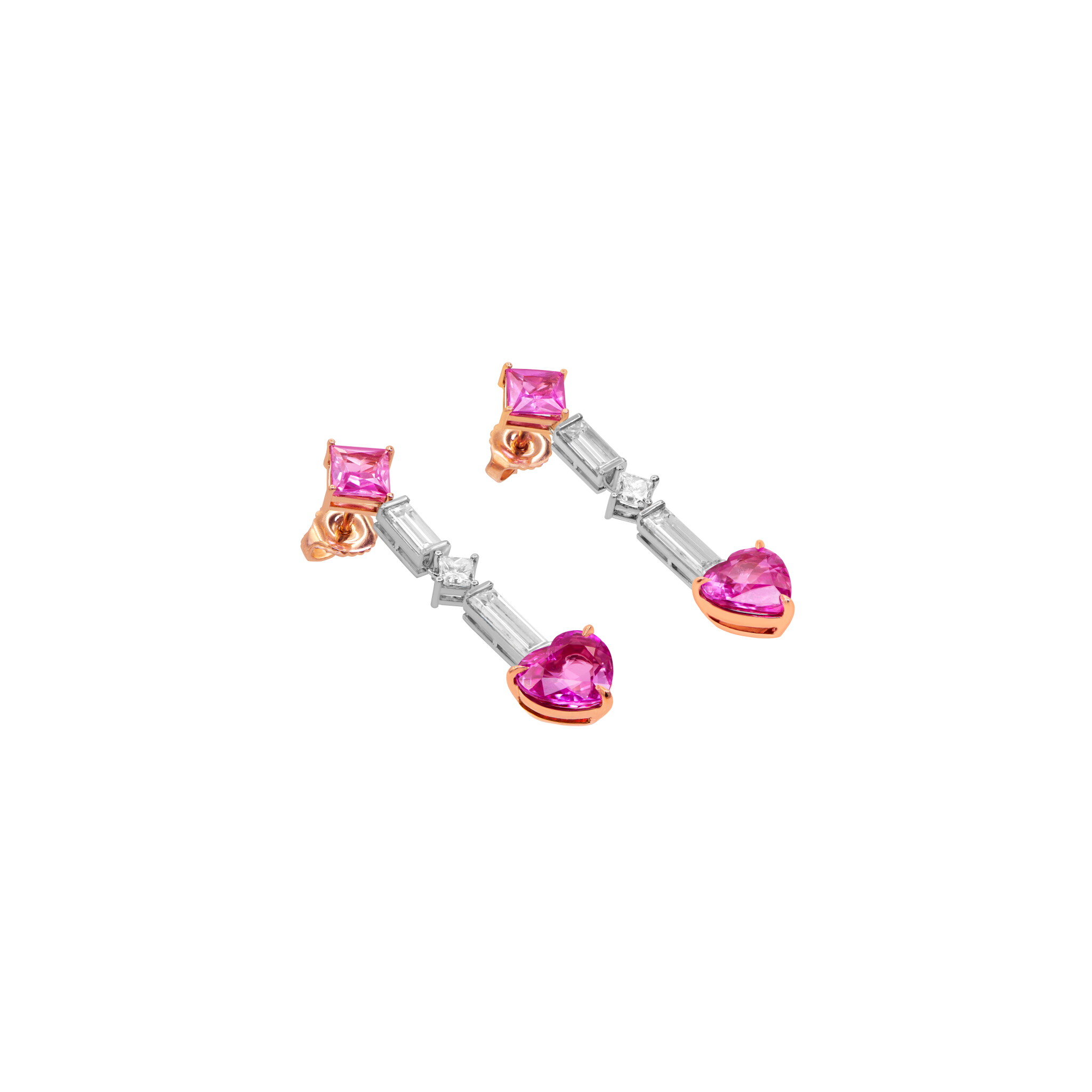 Platinum, Rose Gold, 5.30ct Pink Sapphire and Diamond Drop Earrings — view 1