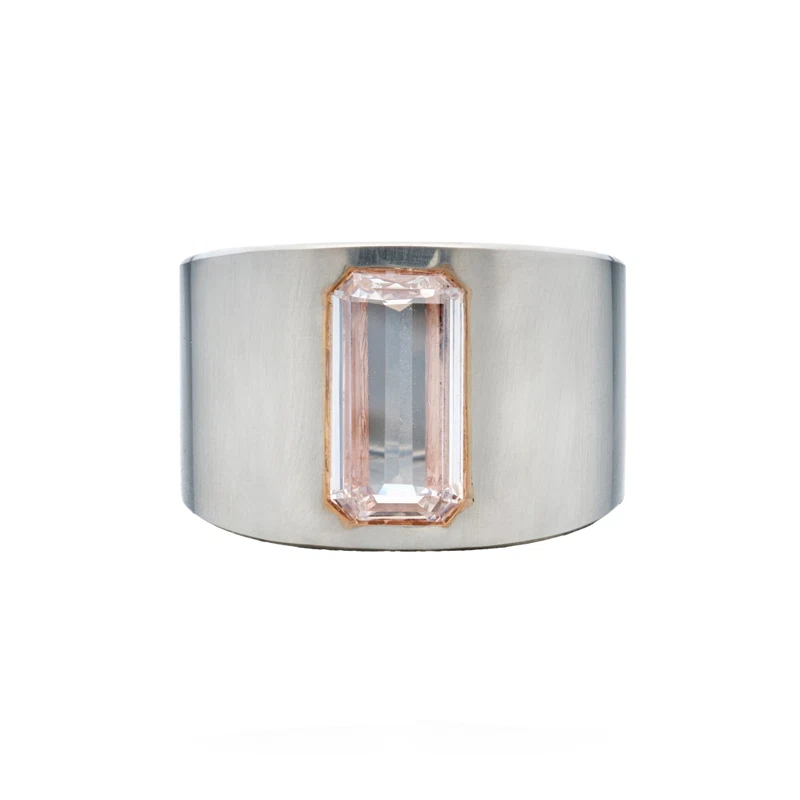 Platinum, Rose Gold and 2.01ct Emerald Cut Faint Pink Diamond Cigar Band Ring
